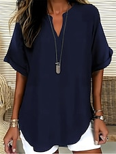 abordables Hauts Unis pour Femmes-Femmes Chemisier Couleur Unie Élégant Quotidien Occasionnel Manche Courte Col en V Encolure en V Hauts Réguliers Quotidien Sortir Patchwork Bleu Denim Blanche Rose Claire Bleu Vert Été Printemps