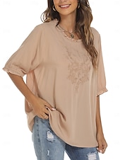 preiswerte Damen Einfache Oberteile-Damen Hemd Einfarbig Blumen Lässig Boho Dreiviertelarm Ellbogenärmel Rundhalsausschnitt Normale Oberteile Täglich Ausgehen Rüsche Bestickt Schwarz Weiß Rote Khaki Sommer