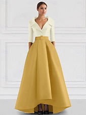 cheap BLUE-Blue Red A-Line Satin Formal Evening Gown Elegant Fall Wedding Guest Dress Tuxedo Dress Asymmetrical 3/4 Length Sleeve Shirt Collar with Pocket