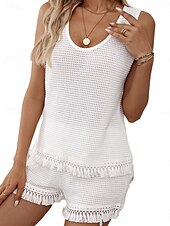cheap Women&#039;s Blouse Suits-Women&#039;s Daily Shorts Sets Sleeveless U Neck Solid Color Tassel Fringe Casual Daily Weekend White Summer Regular Fit