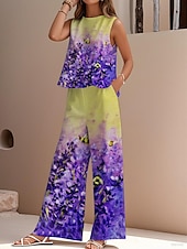 cheap Sets-Women&#039;s Elegant Fashion Streetwear Two Piece Sets Blouse Vest Pants Trousers Sleeveless Crew Neck Outdoor Work Casual Floral Print Vacation Daily Holiday Blue Purple Green Summer Regular Fit