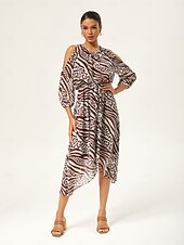levne Květinové šaty-Dámské Žena Volnočasové šaty Hnědá Zebra tisk Studené rameno Léto Jaro Tričkový Elegantní XS S M