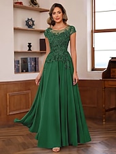 cheap Floor Length-Blue Red A-Line Mother of the Bride Dress Elegant Luxurious Boat Neck Floor Length Chiffon Lace Short Sleeve with Tier Cascading Ruffles 2025