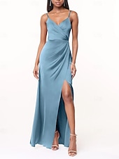 cheap Bridesmaid Dresses-A-Line Bridesmaid Dress V Neck / Spaghetti Strap Sleeveless Elegant Floor Length Charmeuse with Split Front / Ruching