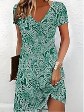 levne Boho šaty-Dámské Mini šaty Tričkové šaty Letní šaty prázdniny Na běžné nošení Cikánský Denní Dovolená Jdeme ven Běžný Grafika Kašmírový vzor Krátký rukáv Do V Černá Fialová Trávová zelená Léto