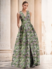 abordables FLORALES-Robe de soirée A-Line en jacquard floral verte élégante Robe de mariage formelle longueur au sol sans manches en V en nylon avec poche fente Robe invitée de mariage