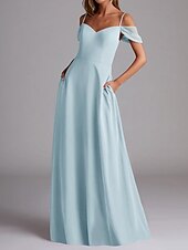 baratos Vestidos para Madrinhas-Vestido de Madrinha A-Line Alça Fina Manga Curta Elegante Comprimento Total Chiffon com Cor Sólida 2025