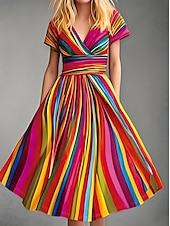 abordables Robes Rayés et Géométriques-Femmes Robe Midi Robe fourreau Robe Portefeuille Robe d&#039;Été Robe d&#039;été Vacances Fête Occasionnel Quotidien Fête Sortir Coupe régulière A Ombre Graphique Géométrique Demi Manches Col en V Rose Claire