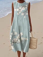abordables Robes fleuries-Femmes Robe Midi Robe d&#039;Été Robe fourreau Robe trapèze Vacances Occasionnel Boho Soirée Sortir Plage Coupe Ample Fleuri Graphique Sans manches Col Rond Bleu Ciel Blanc et Violet Rose Claire Bleu Ét
