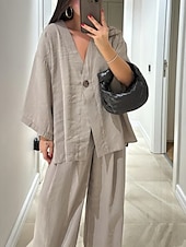 abordables Ensembles chemisiers pour femmes-Femmes Quotidien Basique Ensembles de Pantalons manche longue Col en V Uni Occasionnel Quotidien Noir bleu marine Fuchsia Été énorme