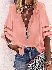 economico Top da Lavoro per Donne-Per donna Camicia Blusa Nero Bianco Giallo Liscio A strisce Cerniera Manica a 3/4 Giornaliero Per eventi Essenziale Lavoro Informale A V S