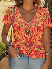 ieftine tricou boho-Pentru femei Tricou Floral Grafic Imprimeu Paisley Epocă Stilat Clasic Manșon scurt În V Topuri obișnuite Zilnic Imprimeu Negru Galben Roz Îmbujorat Roșu-aprins Mov Vară Primăvară