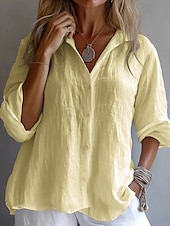 cheap Shirts-Women&#039;s Shirt Solid Color Plain Stylish Casual Long Sleeve Shirt Collar Regular Tops Daily Holiday Buttons White Yellow Pink Blue Summer Spring