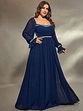 preiswerte BLAU-A-Linie Abendkleid Elegant Kleid Formell Hochzeit Bodenlang Langarm Quadrathals Chiffon mit Falten 2025