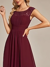 economico Abiti da sposa-Abito da matrimonio A-Line per invitati Abito elegante per invitati al matrimonio Abito lungo senza maniche con scollo a girocollo in chiffon con pieghe arricciate