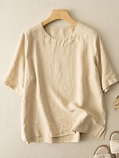 abordables Chemises-Femmes Chemise Haut en Coton Blanc Couleur Unie Élégant ancien Basique Manche Courte Col ras du cou Hauts Réguliers Quotidien Sortir Week-end Blanche Jaune Rose Claire Violet Vert Été Printemps