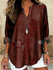 cheap Boho Tops-Women&#039;s Blouse Floral Graphic Leaves Bohemia Vintage Tropical Long Sleeve V Neck Regular Tops Daily Holiday Beach Wear Print Sage Green Red Navy Blue Dusty Blue Brown Summer Spring
