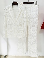 baratos Terninhos de calça da mamãe-Conjunto de Calças Vestido da Mãe da Noiva Vestido Elegante Colarinho de Camisa Comprimento do Tornozelo Renda Mangas Longas com Cor Sólida