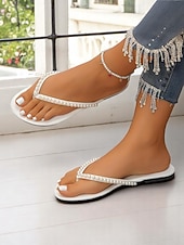cheap Slide Sandals-Women's Pearl Embellished Flip Flop Sandals - Casual Chic Thong Flats for Daily Outings and Summer Dates