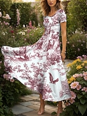 preiswerte Blumenkleider-Damen Maxikleid Freizeitkleid A Linie Kleid Sommerkleid Elegant Urlaub Lässig Normale Passform Grafik Blatt Vogel Kurzarm Quadrathals Rundausschnitt Schwarz und Weiß Gelb Rote Blau Sommer Herbst
