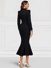 preiswerte Bodenlänge-Schwarz-weißer Meerjungfrau Blazer Revers Brautmutter Kleid Hochzeits Elegant Knöchellang Stretchstoff Langarm mit Farbblock