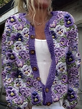 cheap Graphic Patterns &amp; Details-Women&#039;s Sweater Cardigan Elegant Vintage Fashion Floral Crew Neck Pocket Knitted Print Long Sleeve Regular Tops Knit Outdoor Daily Weekend Purple Green Fall Winter