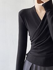 abordables Hauts Unis pour Femmes-Femmes Chemisier Uni Moderne Occasionnel manche longue Col en V Hauts Réguliers Quotidien Fête Froncé Noir Blanche Marron clair Automne