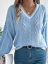 preiswerte Einfarbige Farben-Damen Pullover Lässig Farbblock Gerippt V Ausschnitt Patchwork Gestrickt Langarm Normale Oberteile Stricken Täglich Ferien Ausgehen Weiß Blau Herbst