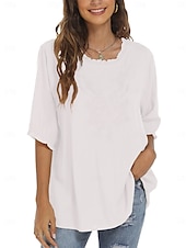 preiswerte Damen Einfache Oberteile-Damen Hemd Einfarbig Blumen Lässig Boho Dreiviertelarm Ellbogenärmel Rundhalsausschnitt Normale Oberteile Täglich Ausgehen Rüsche Bestickt Schwarz Weiß Rote Khaki Sommer