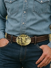 tanie Paski męskie-męski pasek ze sztucznej skóry w stylu western z brązową klamrą w kształcie czaszki byka, idealny do codziennych i kowbojskich strojów
