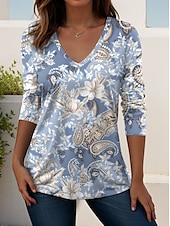 billige Boho t-skjorte-Dame T skjorte Grafisk Planter Årgang Elegant Bohem Årgang Langermet V-hals Vanlige topper Daglig Ut på byen Helg Trykt mønster Svart Hvit Rosa Dusty Rose Rød Vår Høst