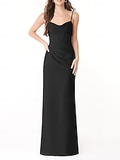 baratos Vestidos para Madrinhas-Vestido de dama de honra em corte A, decote em V / alças finas, sem mangas, elegante, longo, charmeuse com fenda frontal / franzido 2025