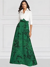 preiswerte Bodenlänge-Grün Schwarz und Weiß A-Linie Brautmutter Kleid Elegantes Vintage Hemdkragen Bodenlang Stretchstoff Langarm mit