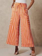 abordables pierna ancha y cintura alta-Mujer Perneras anchas Chinos Moda Ropa de calle Longitud total Alta cintura A Rayas Bolsillo Cintura elástica Estampado Confortable Suave Cómodo Microelástico Exterior Calle Azul Naranja Marrón Verde