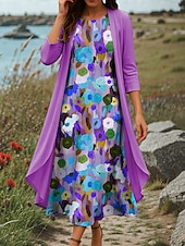 billige Blomsterkjole-Dame Kjolesett Skiftkjole Sommerkjole Fritid Nyanse Blomstret Multi Layer Trykt mønster Midikjole 3/4 ermer Crew-hals Daglig Blå Lilla Grønn Sommer Vår Normal