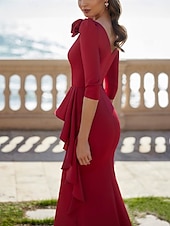 preiswerte ROT-rot-grünes A-Linien-Abendkleid, elegantes Kleid für formelle Hochzeitsgäste, bodenlang, 3/4-Ärmel, U-Boot-Ausschnitt, Tasche, Stretch-Satin mit Rüschen, 2025