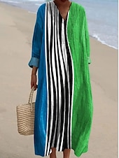 billiga Randiga och geometriska klänningar-Dam Midiklänning Solklänning A linjeklänning Semester Ledigt Boho Utekväll Strand Lös passning Grafisk Geometrisk Rand Långärmad V-hals Svart Orange Grön Ljusgrå Sommar Vår