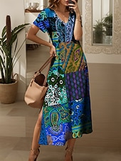abordables Robes Boho-Femmes Robe Midi Robe d&#039;Été Robe trapèze Robe d&#039;été Bohème Vacances ancien Coupe Ample Fleuri Graphique Paisley Manche Courte Col en V Jaune Bleu Violet Vert Été Printemps Automne