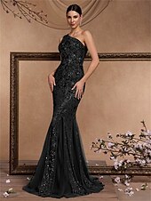 cheap BLACK-Mermaid / Trumpet Quinceanera Dresses Elegant Dress Formal Wedding Floor Length Sleeveless One Shoulder Polyester with Sequin 2025