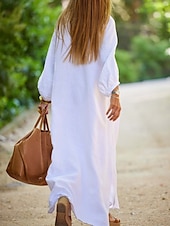 preiswerte Weißes Kleid-Damen Maxikleid A Linie Kleid Sommerkleid Lässig Täglich Normale Passform Einfach Langarm V Ausschnitt Schwarz Weiß Braun Grau Sommer