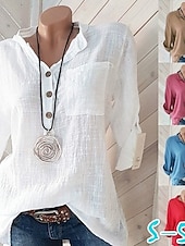 cheap Shirts-Women&#039;s Cotton Linen Shirts Solid Color Elegant Daily Basic Long Sleeve Crew Neck Long Tops Daily Holiday Going out Buttons White Pink Red Blue khaki Summer Fall