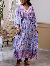 preiswerte Ausgefallene Kleider-Damen Langes Kleid Maxikleid Freizeitkleid Schwingkleid Boho-Kleid Westernkleid Elegant Mode Romantisch Outdoor Urlaub Party Normale Passform Blume Langarm V Ausschnitt Blau Frühling Herbst