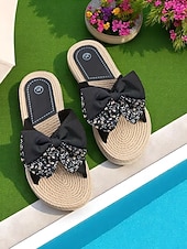 cheap Vacation Sandals-Women&#039;s Floral Bow Slip-On Rope Sandals – Cute Summer Beach Slides with Woven Sole for Vacations, Garden Parties, and Casual Daily Wear