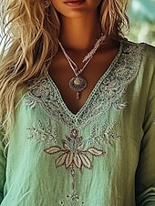 economico Tops Boho-camicetta da donna in stile western, stile boho, con fiori, moderna, casual, a maniche lunghe, scollo a V, normale, per tutti i giorni, per le vacanze, per uscire, stampa verde, estate, autunno.