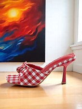 cheap Dress Sandals-Women&#039;s Gingham Bow Heeled Mules - Vintage Open Toe Slip-On Sandals for Casual Dates and Summer Outings