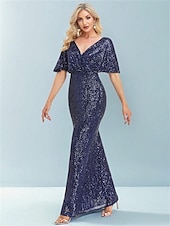 economico BLU-Abiti da festa per quindici anni sirena  tromba abito elegante formale da matrimonio lunghezza a terra maniche corte scollatura a V poliestere con glitter