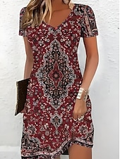 levne Boho šaty-Dámské Mini šaty Tričkové šaty Letní šaty prázdniny Na běžné nošení Cikánský Denní Dovolená Jdeme ven Běžný Grafika Kašmírový vzor Krátký rukáv Do V Černá Fialová Trávová zelená Léto