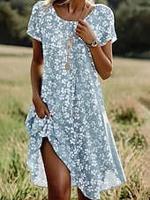 voordelige Bloemenjurken-Dames Mini-jurk T shirt jurk Zonnejurk Vakantie Casual Uitgaan Normale pasvorm Bloemig Grafisch Korte mouw V-hals blauw Paars Groen Zomer