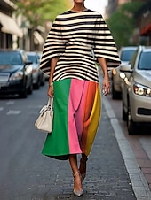 abordables Robe Rayée et Géométrique-Femmes Robe Midi Robe fourreau ancien Occasionnel Robes semi-formelles Coupe régulière Graphique Géométrique Manche 3/4 Col ras du cou Magenta Colourful Vert cendré Vert Été Printemps Automne