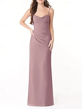 baratos Vestidos para Madrinhas-Vestido de dama de honra em corte A, decote em V / alças finas, sem mangas, elegante, longo, charmeuse com fenda frontal / franzido 2025